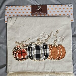 Fall Table Runner Pumpkin Applique Plaid Fringe 13x72 Farmhouse Decor‎
